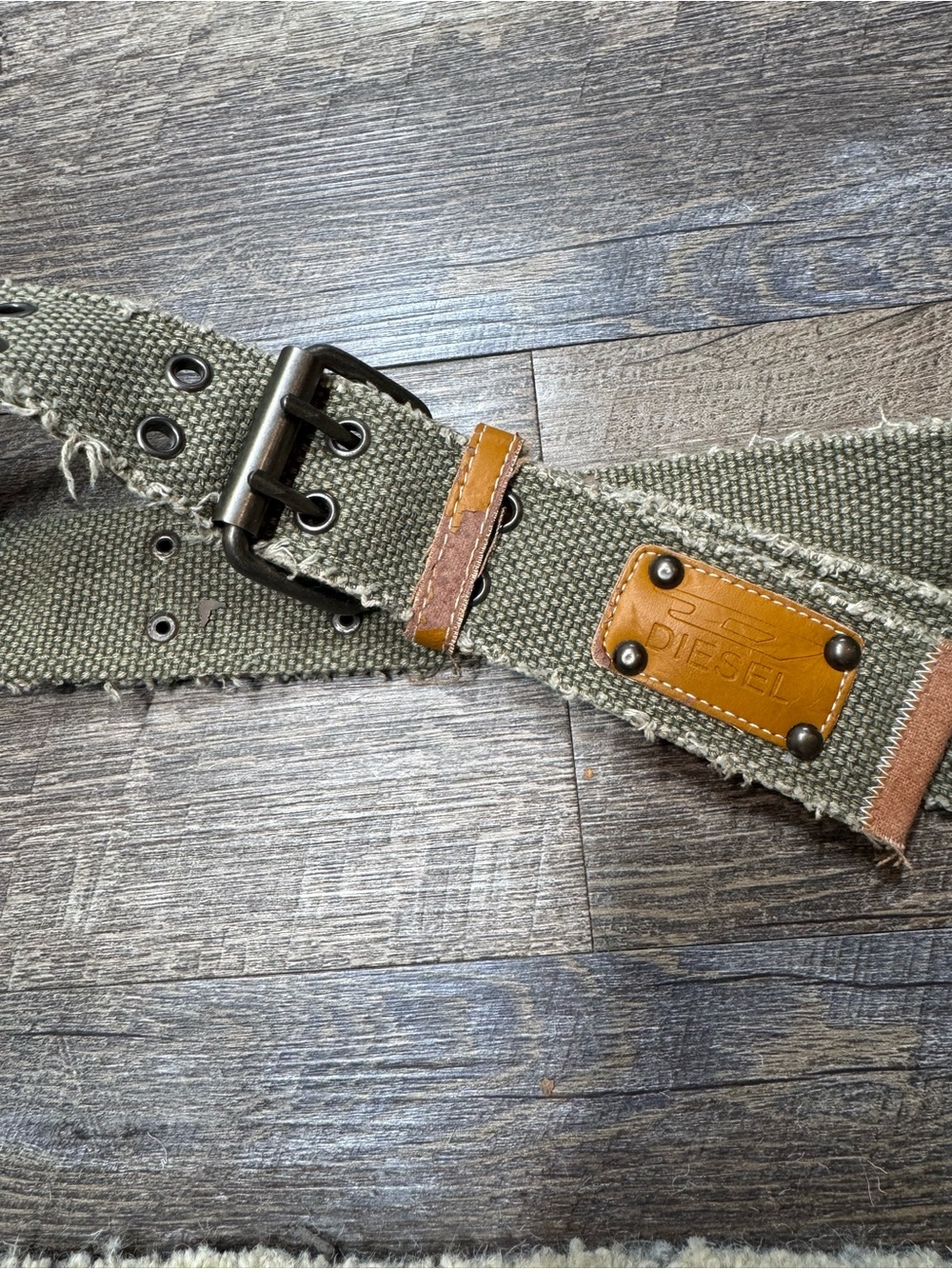 Diesel Olive Green Canvas Belt with Brown Leather Accents